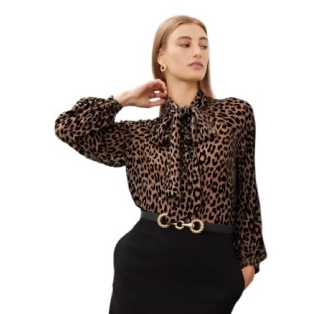 Kate Spade Leopard Blouse Tie Neck Long Sleeve Button Front Silk Blend Large - Picture 2 of 10